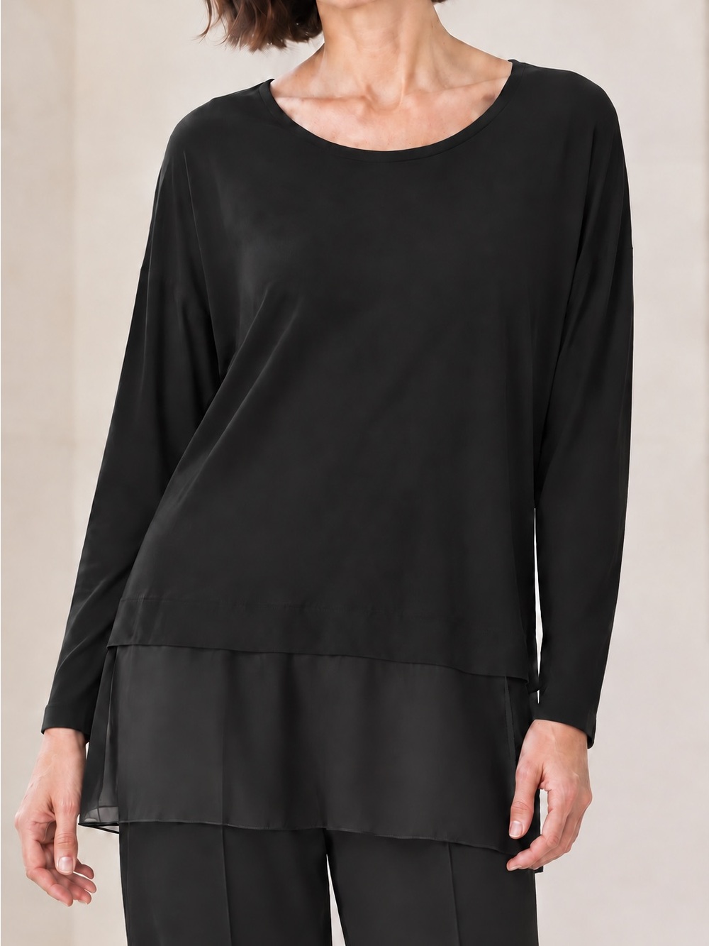 Eileen Fisher Black 100% Silk Jersey Sheer Hem Tunic Top